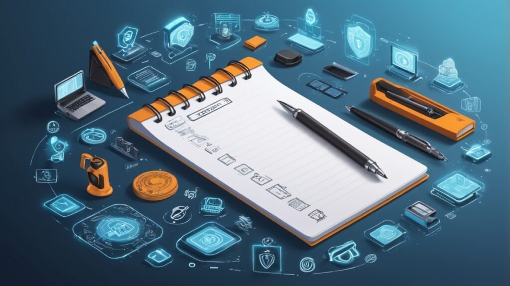AlbedoBase_XL_A_notepad_with_a_pen_surrounded_by_icons_represe_1