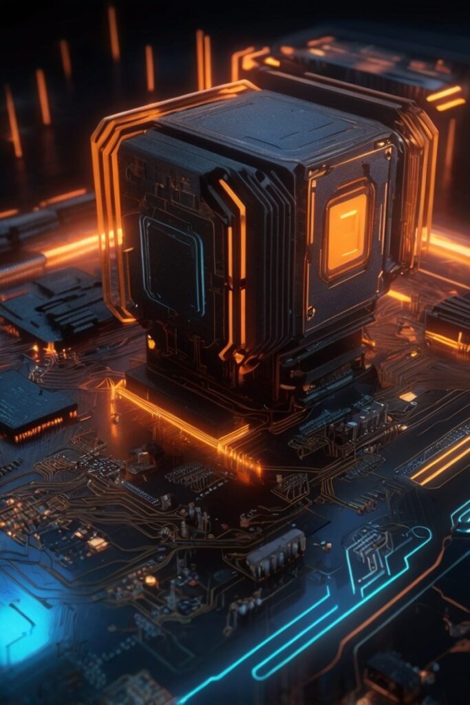 CyberphonenixAI. A futuristic phoenix rising from glowing digital circuits, with vibrant neon blue and fiery orange hues, symbolizing technology and innovation on a sleek, dark background