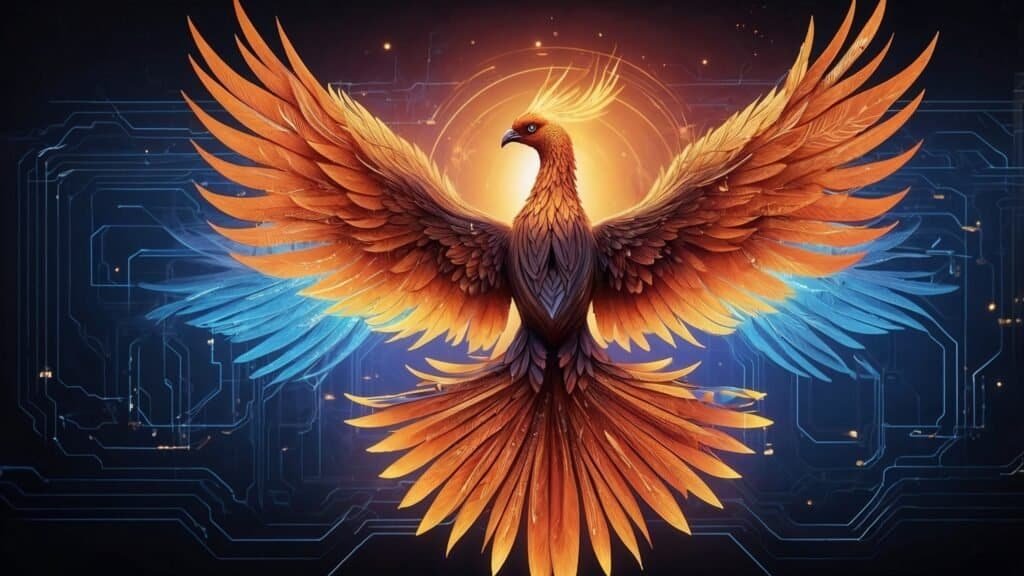 CyberphonenixAI. A futuristic phoenix rising from glowing digital circuits, with vibrant neon blue and fiery orange hues, symbolizing technology and innovation on a sleek, dark background